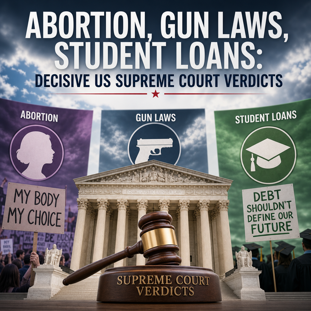 Illustration of Abortion, Gun Laws, Student Loans: Decisive US Supreme Court Verdicts