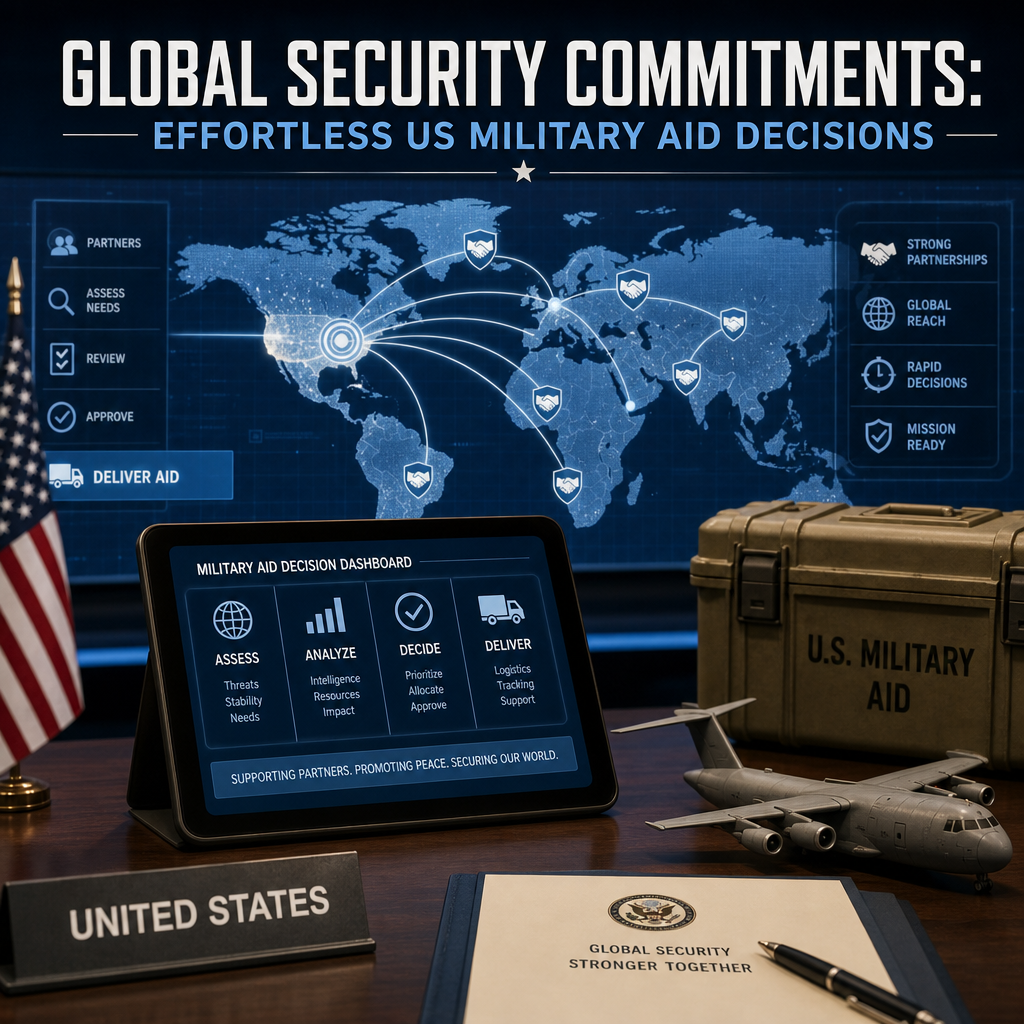 Illustration of Global Security Commitments: Effortless US Military Aid Decisions