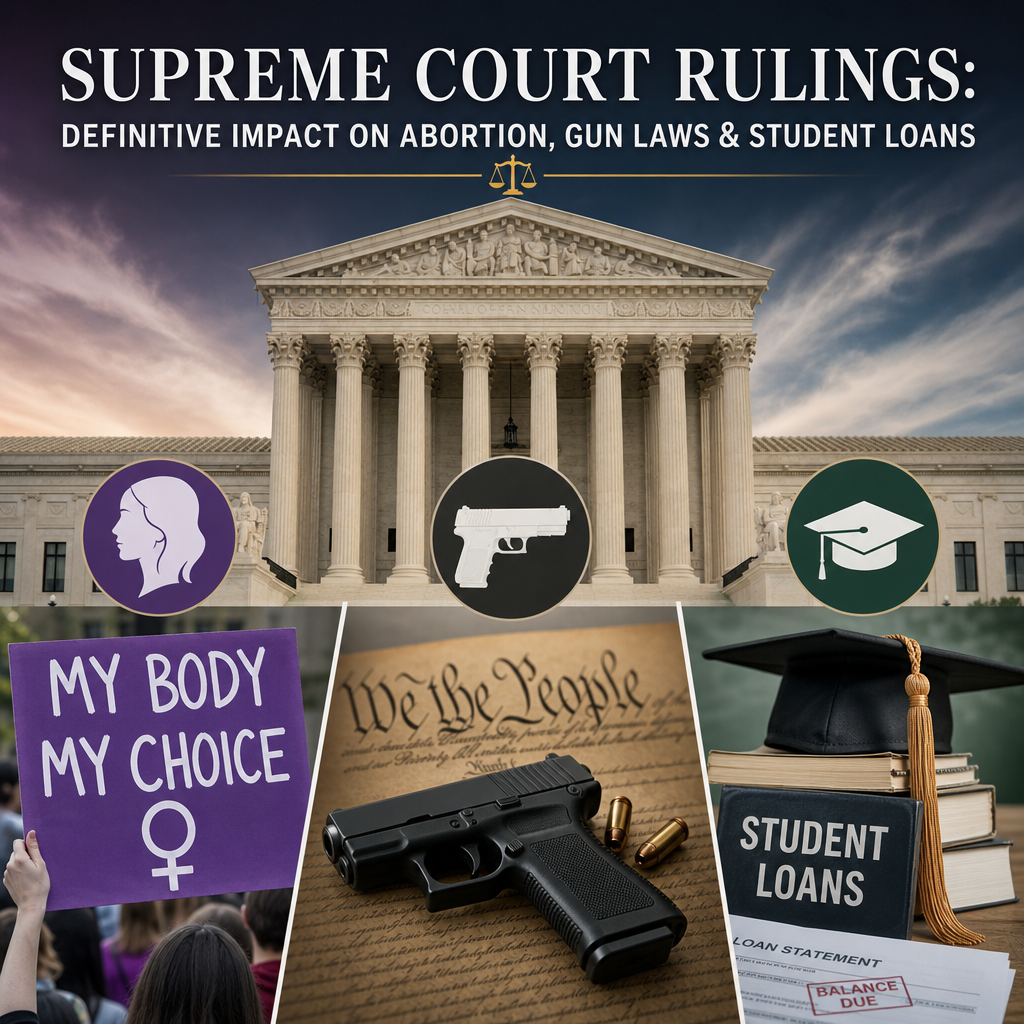 Illustration of Supreme Court Rulings: Definitive Impact on Abortion, Gun Laws & Student Loans