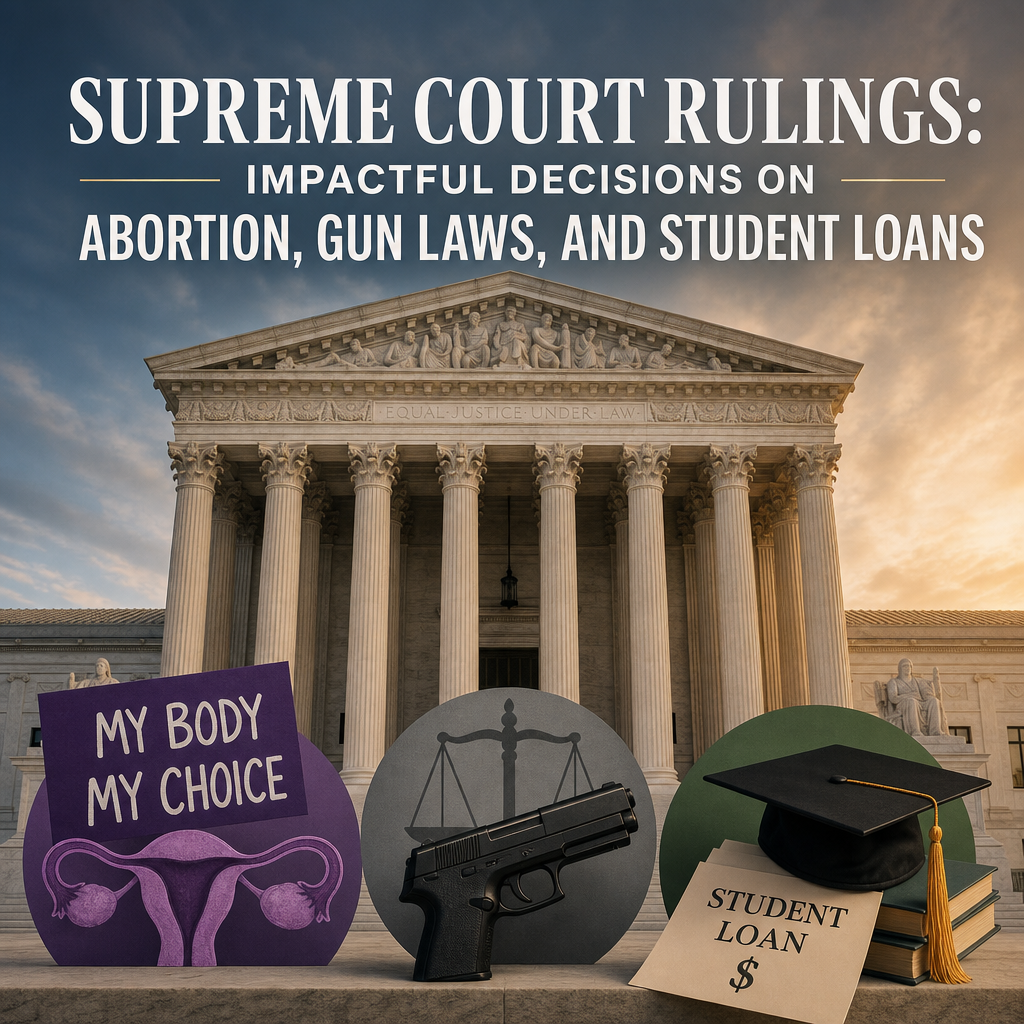 Illustration of Supreme Court Rulings: Impactful Decisions on Abortion, Gun Laws, and Student Loans