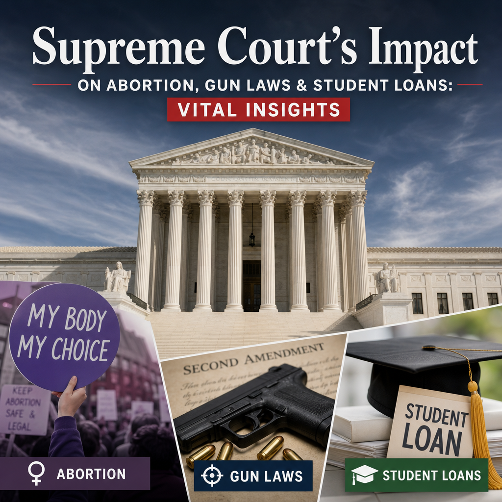 Illustration of Supreme Court's Impact on Abortion, Gun Laws & Student Loans: Vital Insights