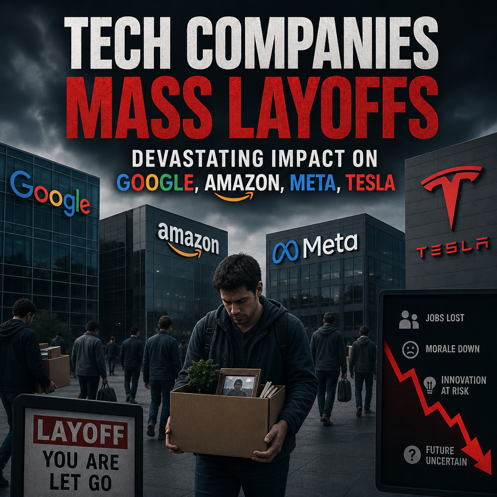 Illustration of Tech Companies Mass Layoffs: Devastating Impact on Google, Amazon, Meta, Tesla