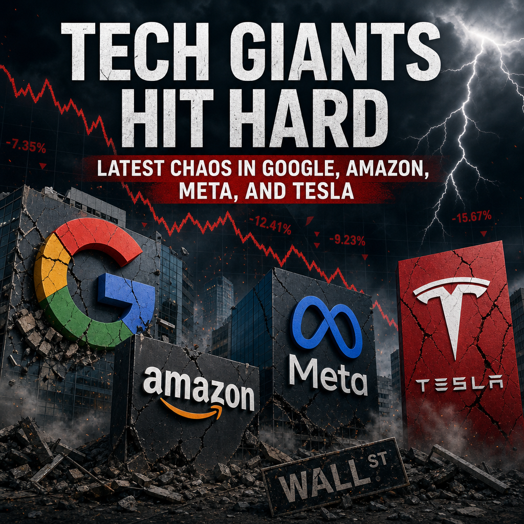 Illustration of Tech Giants Hit Hard: Latest Chaos in Google, Amazon, Meta, and Tesla