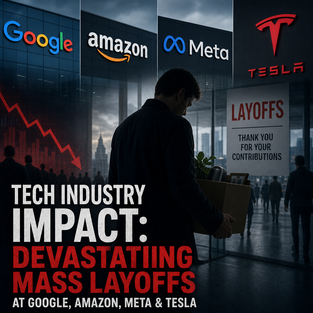 Illustration of Tech Industry Impact: Devastating Mass Layoffs at Google, Amazon, Meta & Tesla