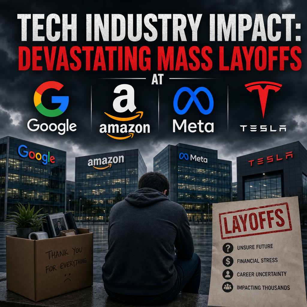Illustration of Tech Industry Impact: Devastating Mass Layoffs at Google, Amazon, Meta & Tesla