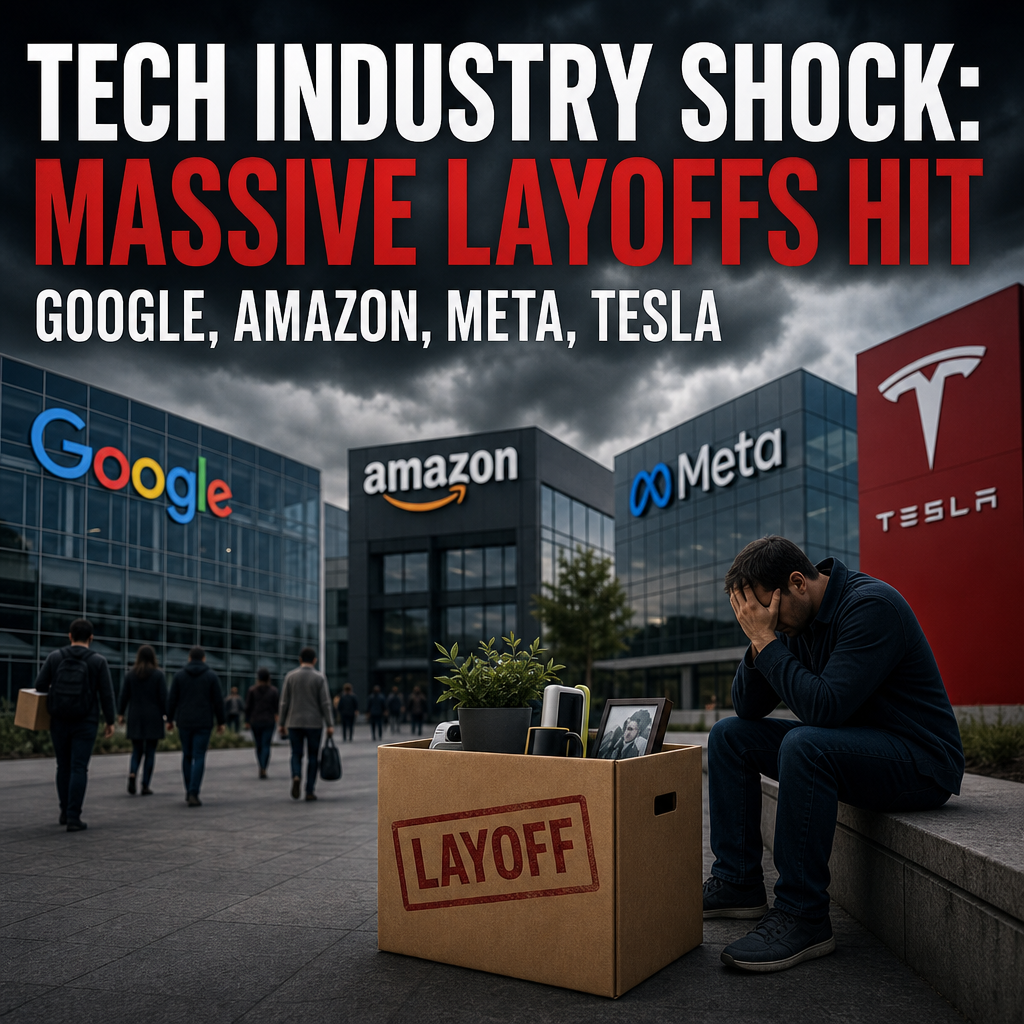 Illustration of Tech Industry Shock: Massive Layoffs Hit Google, Amazon, Meta, Tesla