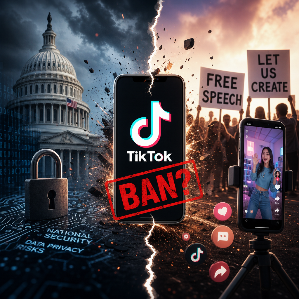 Illustration of Tech Tensions: Explosive TikTok Ban Debate