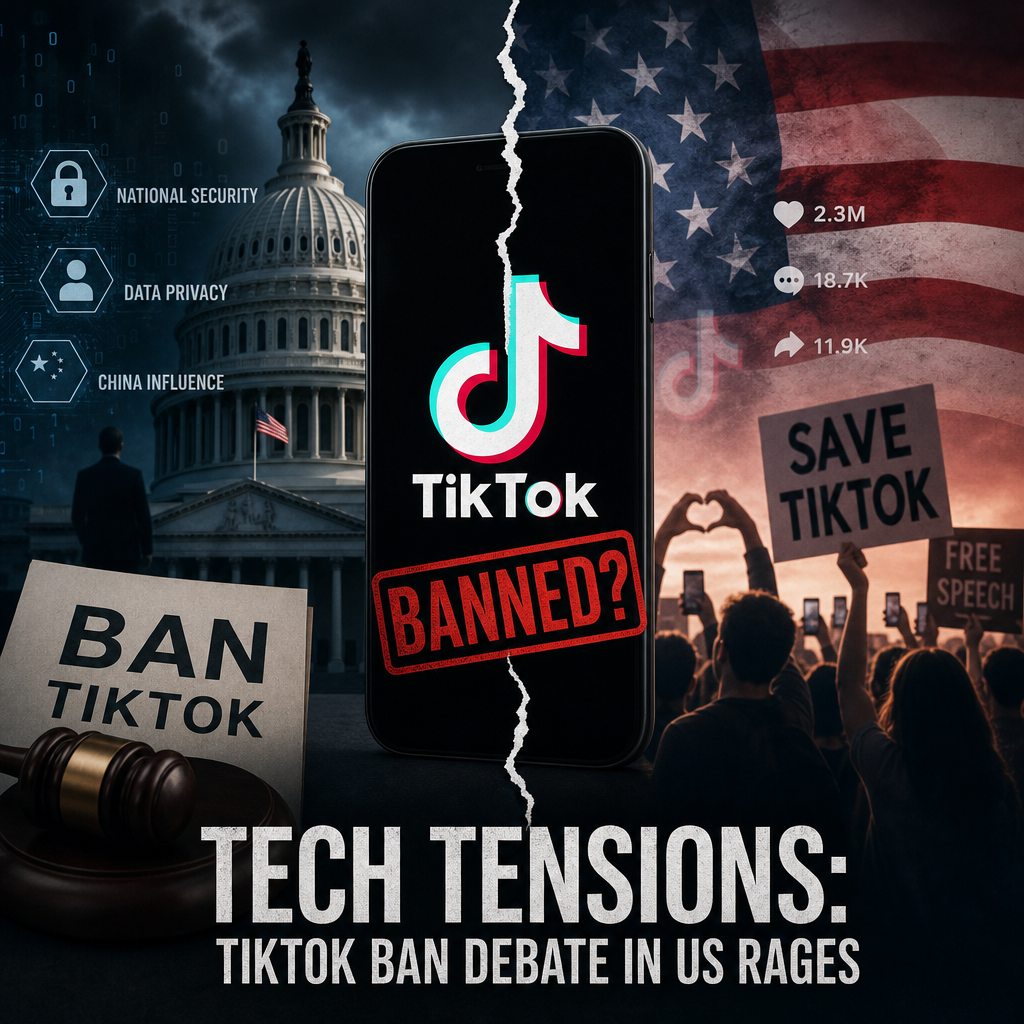 Illustration of Tech Tensions: TikTok Ban Debate in US Rages
