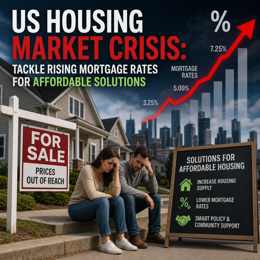 Illustration of US Housing Market Crisis: Tackle Rising Mortgage Rates for Affordable Solutions