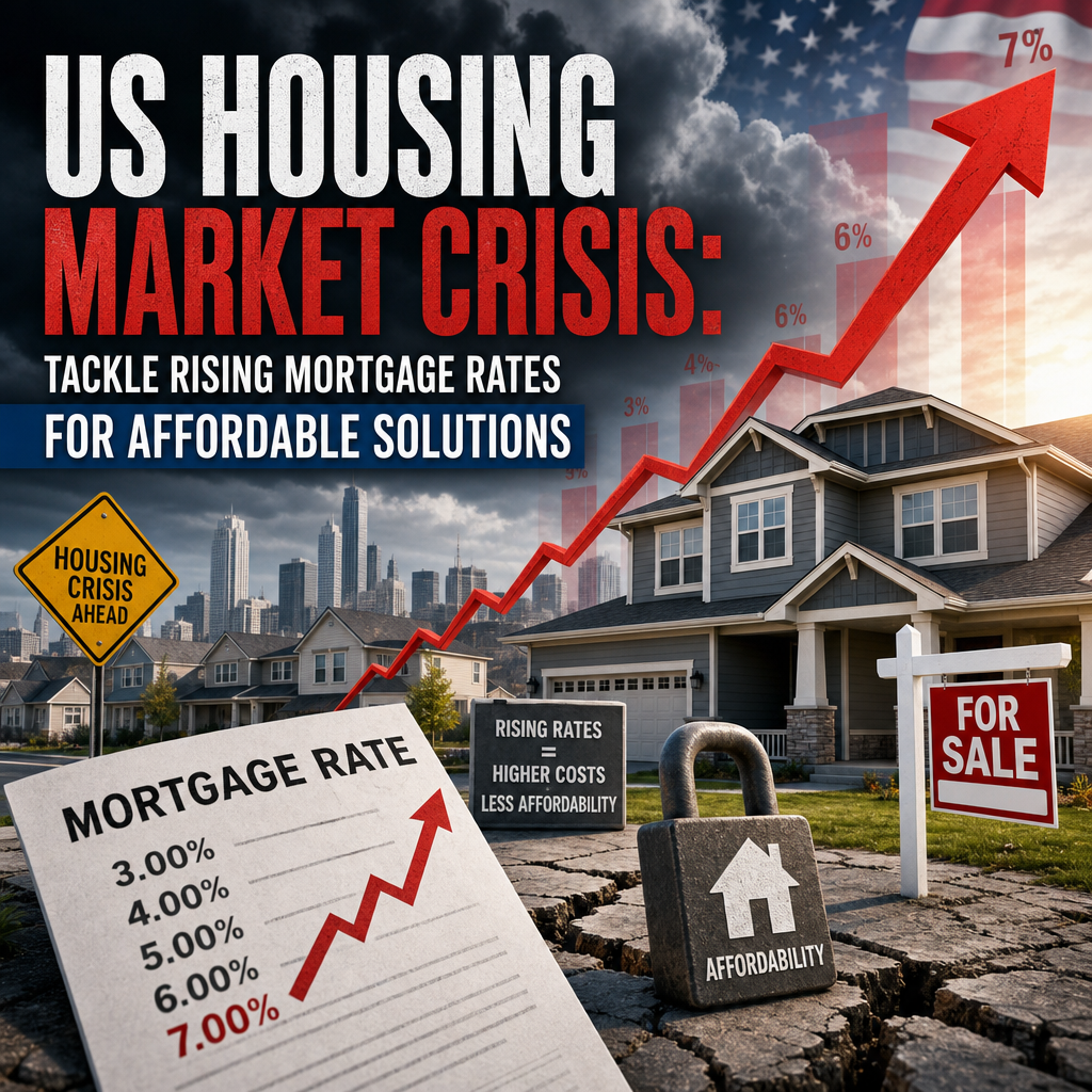 Illustration of US Housing Market Crisis: Tackle Rising Mortgage Rates for Affordable Solutions