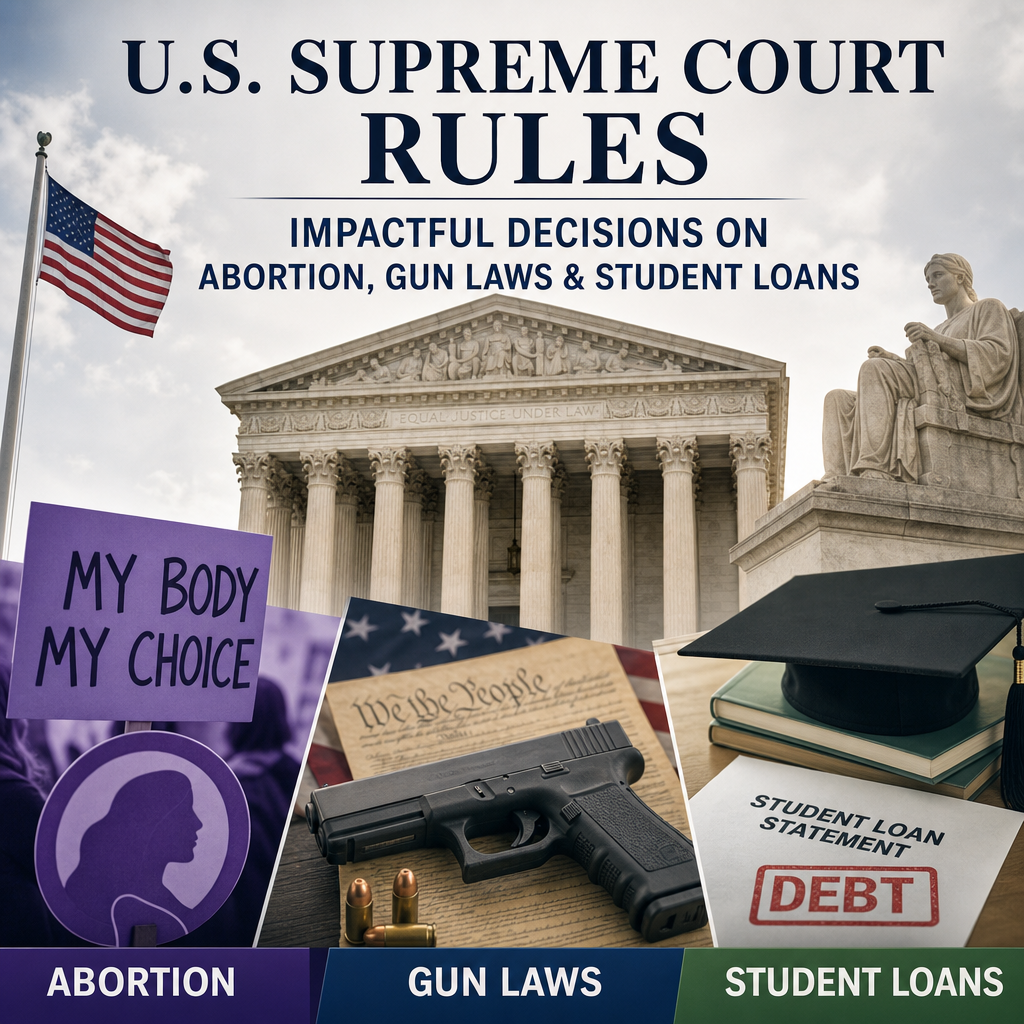Illustration of US Supreme Court Rules: Impactful Decisions on Abortion, Gun Laws & Student Loans