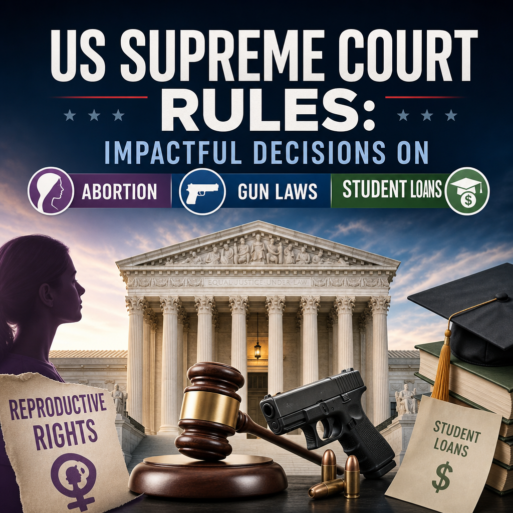 Illustration of US Supreme Court Rules: Impactful Decisions on Abortion, Gun Laws & Student Loans