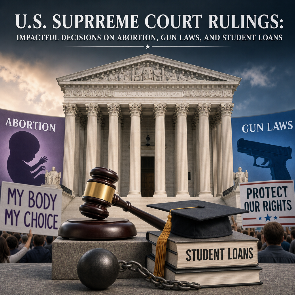Illustration of US Supreme Court Rulings: Impactful Decisions on Abortion, Gun Laws, and Student Loans