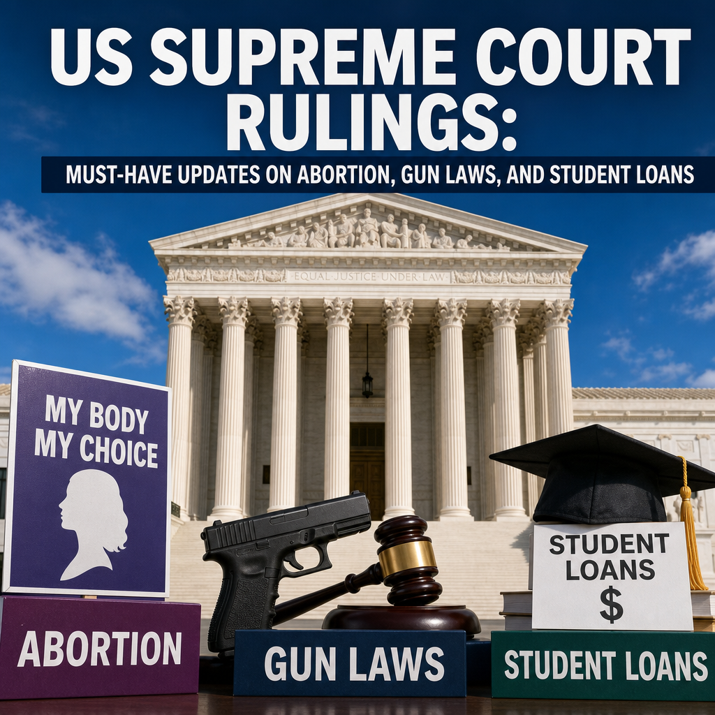 Illustration of US Supreme Court Rulings: Must-Have Updates on Abortion, Gun Laws, and Student Loans
