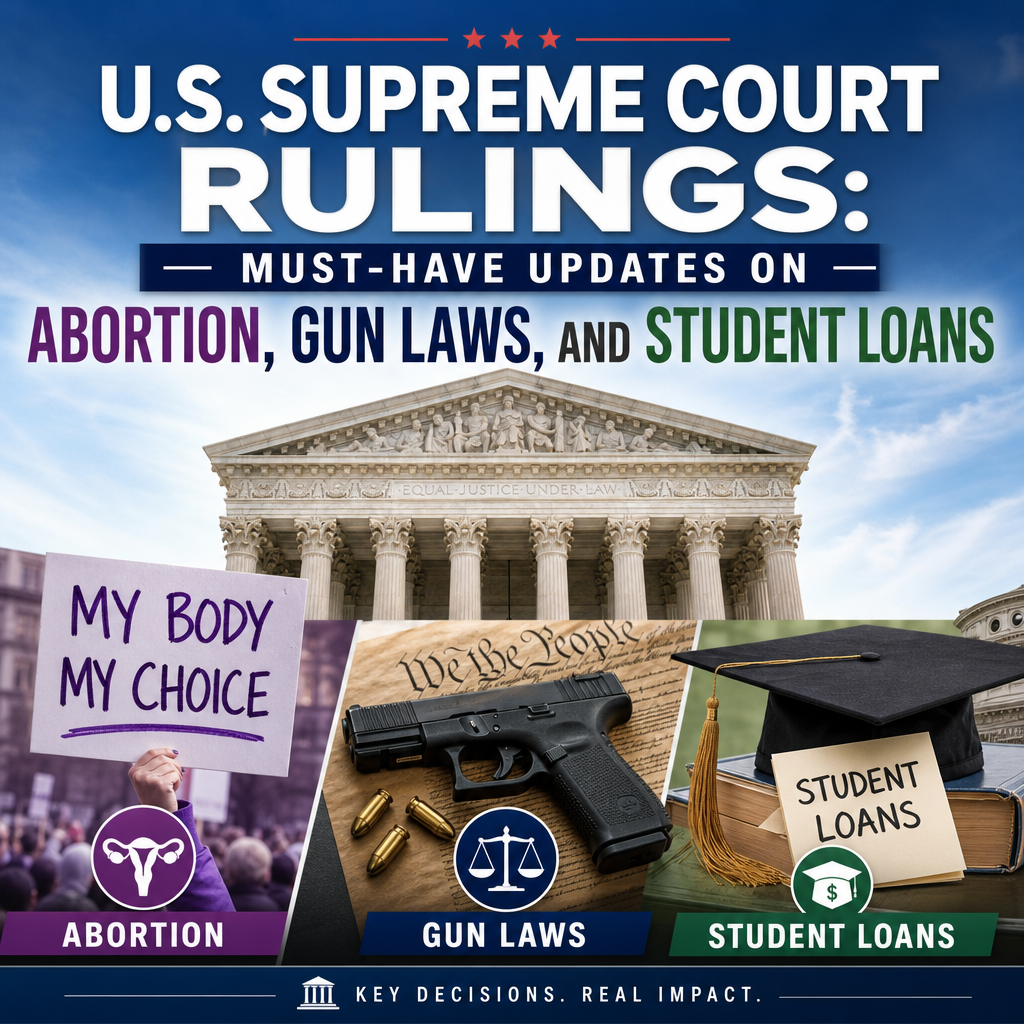 Illustration of US Supreme Court Rulings: Must-Have Updates on Abortion, Gun Laws, and Student Loans